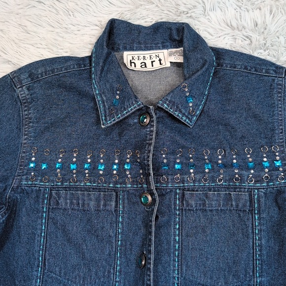 Keren Hart Jacket Womens S Blue Denim Button Up Bling Jeweled‎ Casual Comfort - Picture 8 of 11